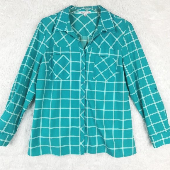 Notations Womens Shirt Top Button Down Blue Check Roll Tab Long Sleeve Petite PL - Picture 1 of 13